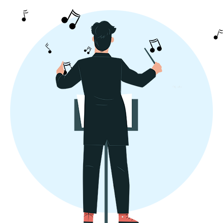 Dirigent leder musiker, noter flyger i luften